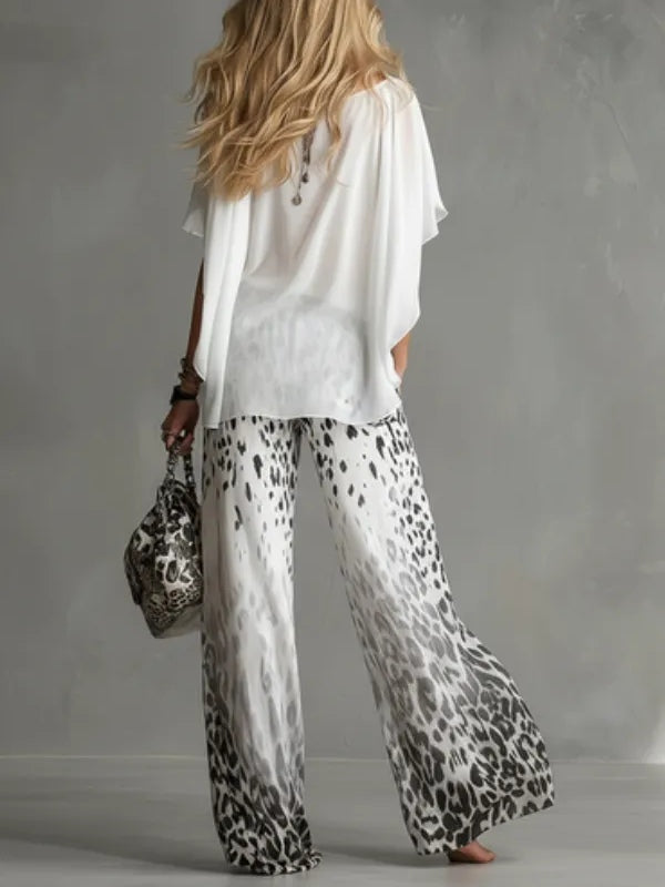 Vivienne | Leopard-print cape-sleeve top and wide-leg trousers
