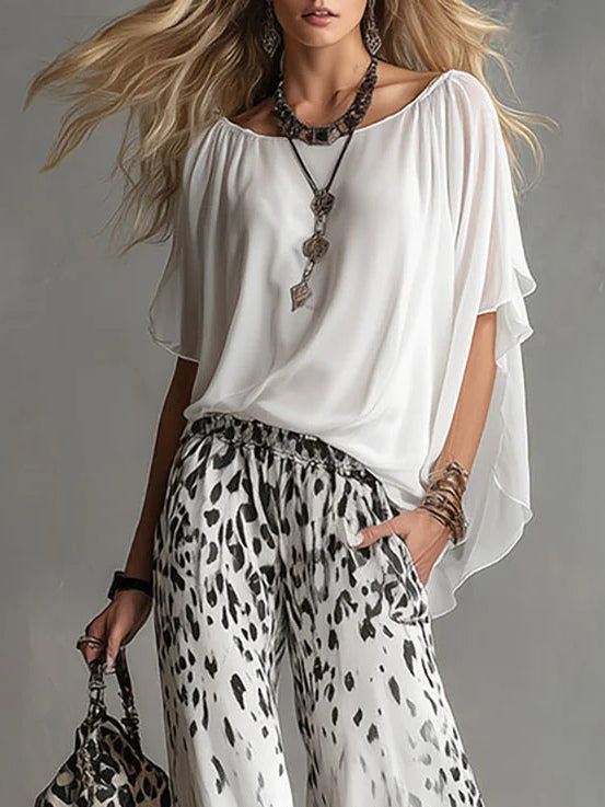 Vivienne | Leopard-print cape-sleeve top and wide-leg trousers