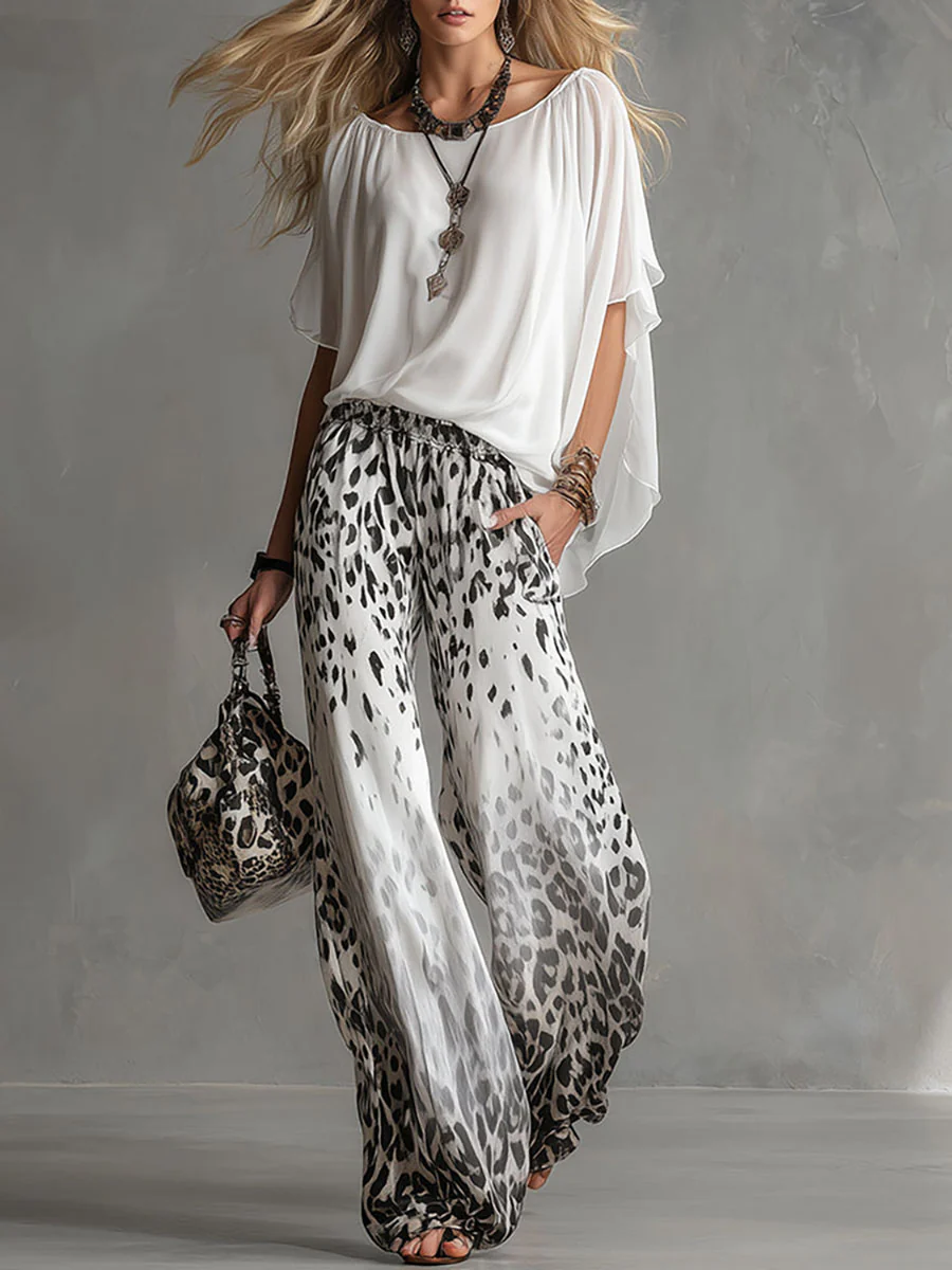 Vivienne | Leopard-print cape-sleeve top and wide-leg trousers