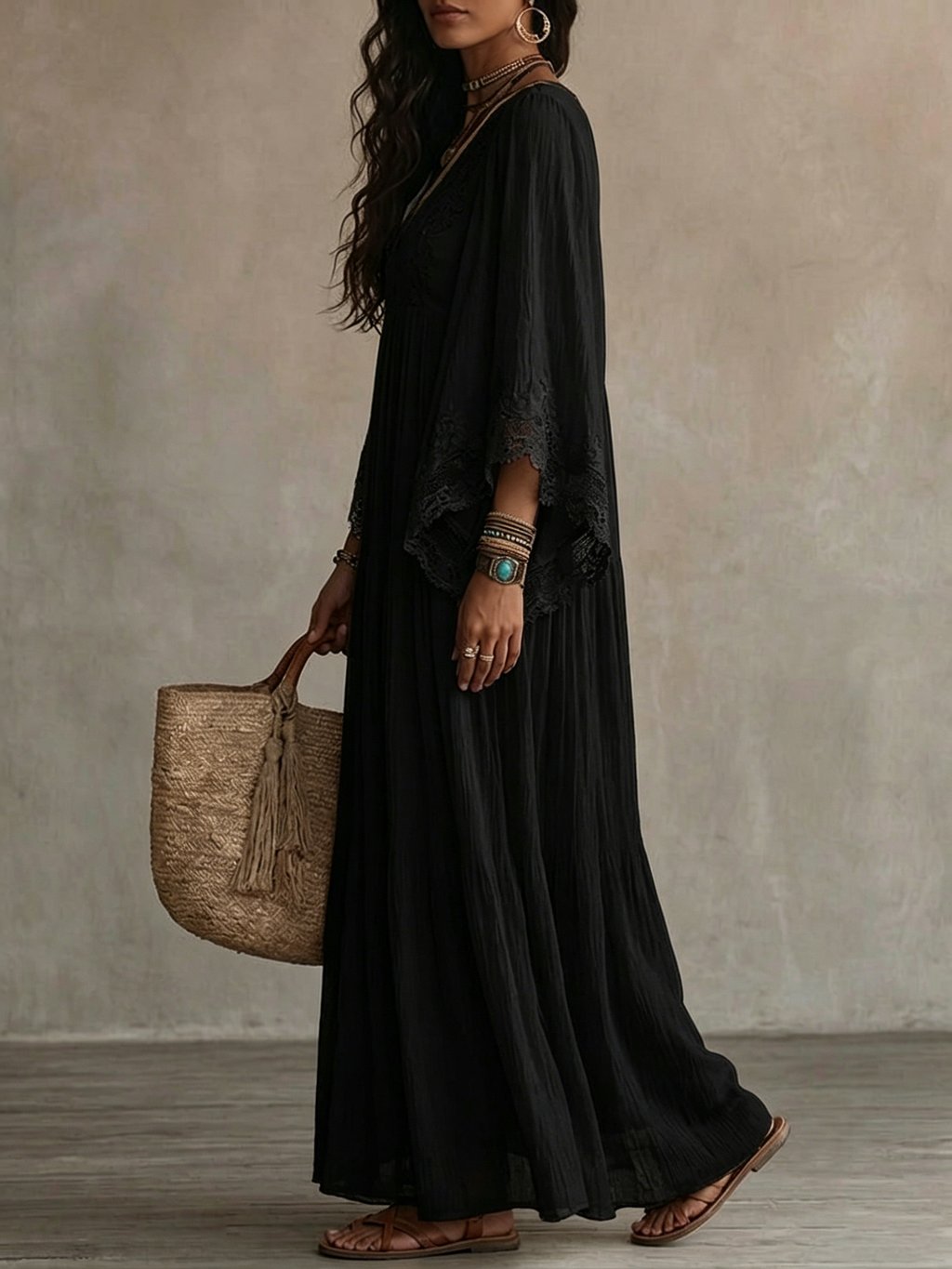Genevieve | Black V-neck maxi dress with cape sleeves