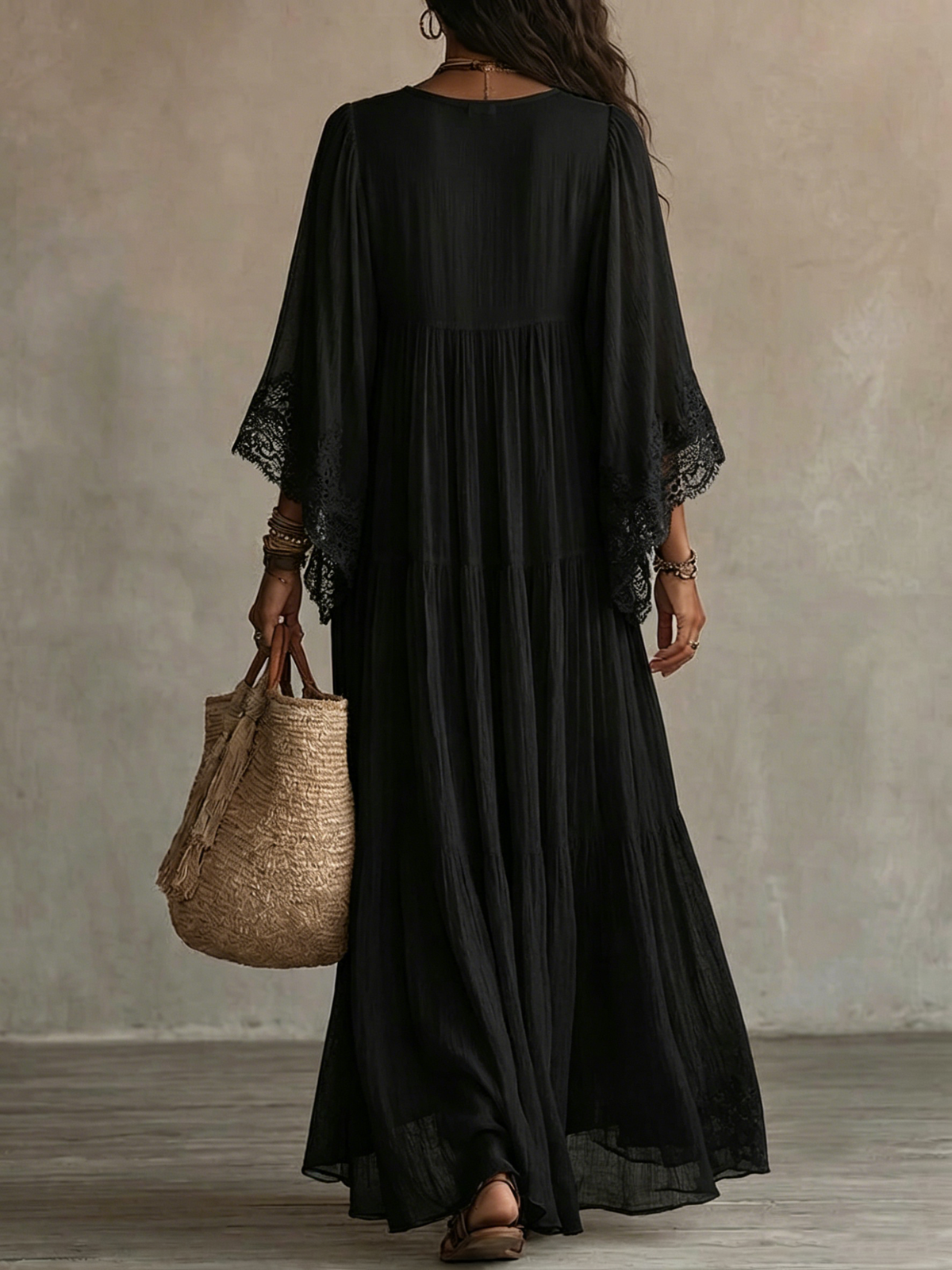 Genevieve | Black V-neck maxi dress with cape sleeves
