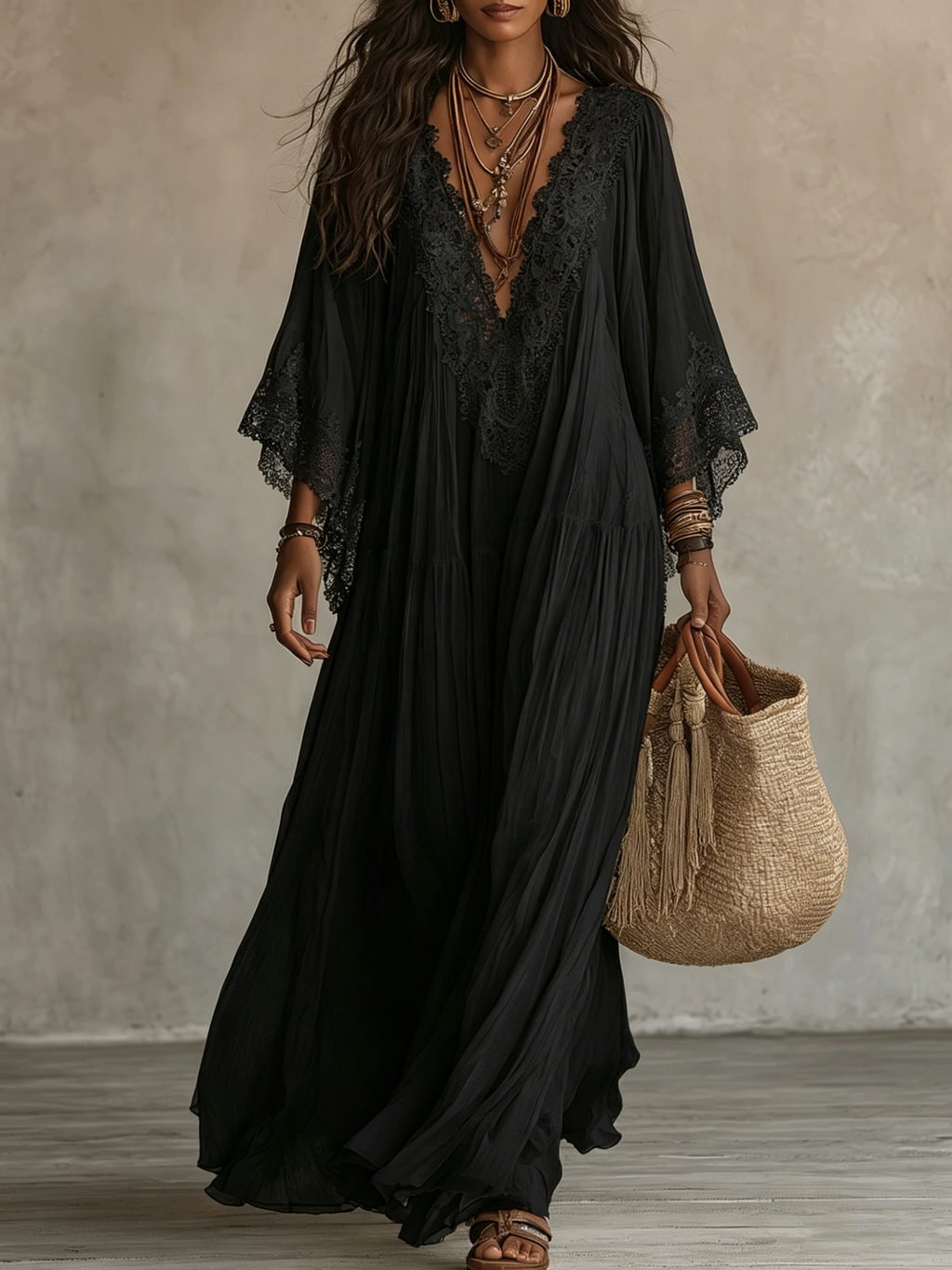 Genevieve | Black V-neck maxi dress with cape sleeves