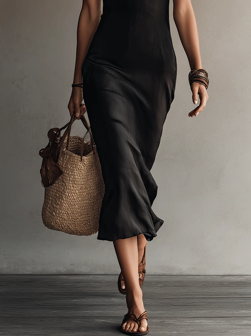 Beatrice | Black sleeveless midi dress with V-neck